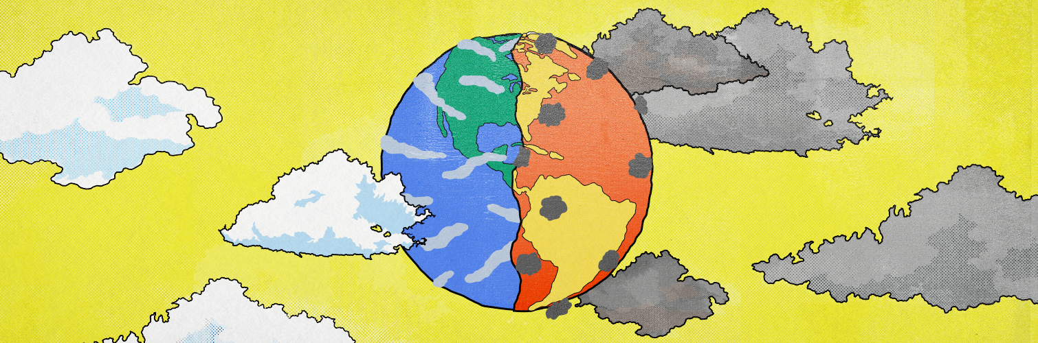 An image of the Earth on a yellow background; the left half is verdant and blue with white clouds, and the right half is fiery orange and yellow with plumes of smoke.