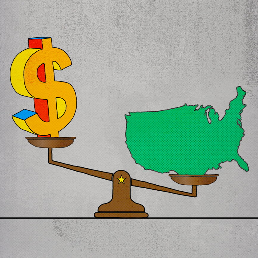 An icon of the outline of the United States is opposed against a dollar sign icon on a counterbalance weighing scale, with the United States icon appearing heavier than the dollar sign.