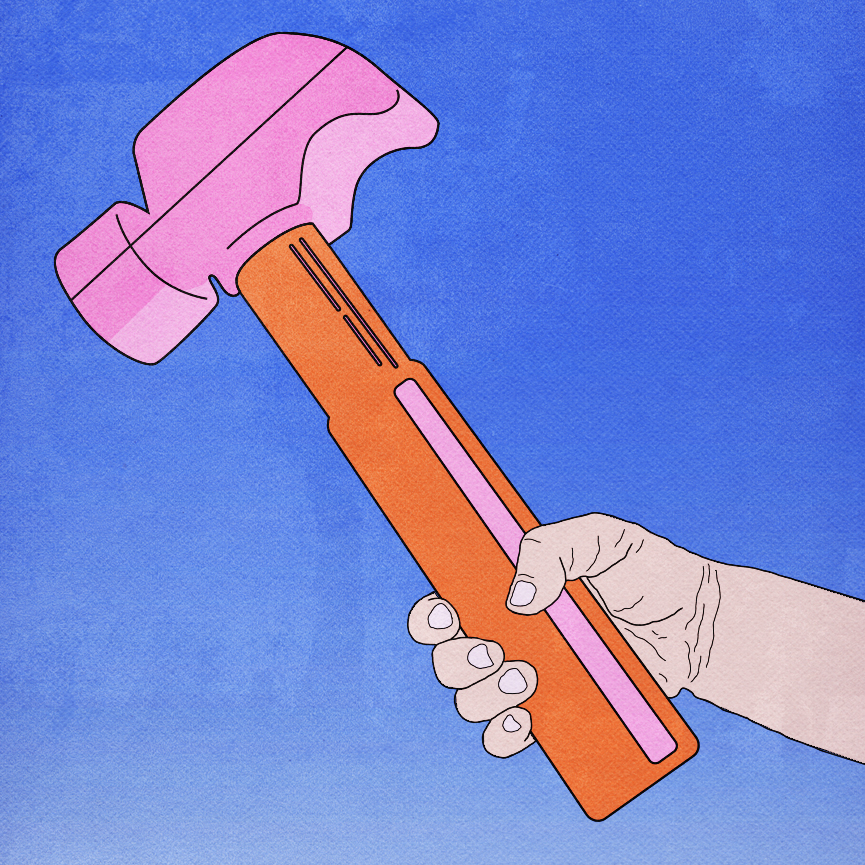 A small, childlike hand holds a large hammer