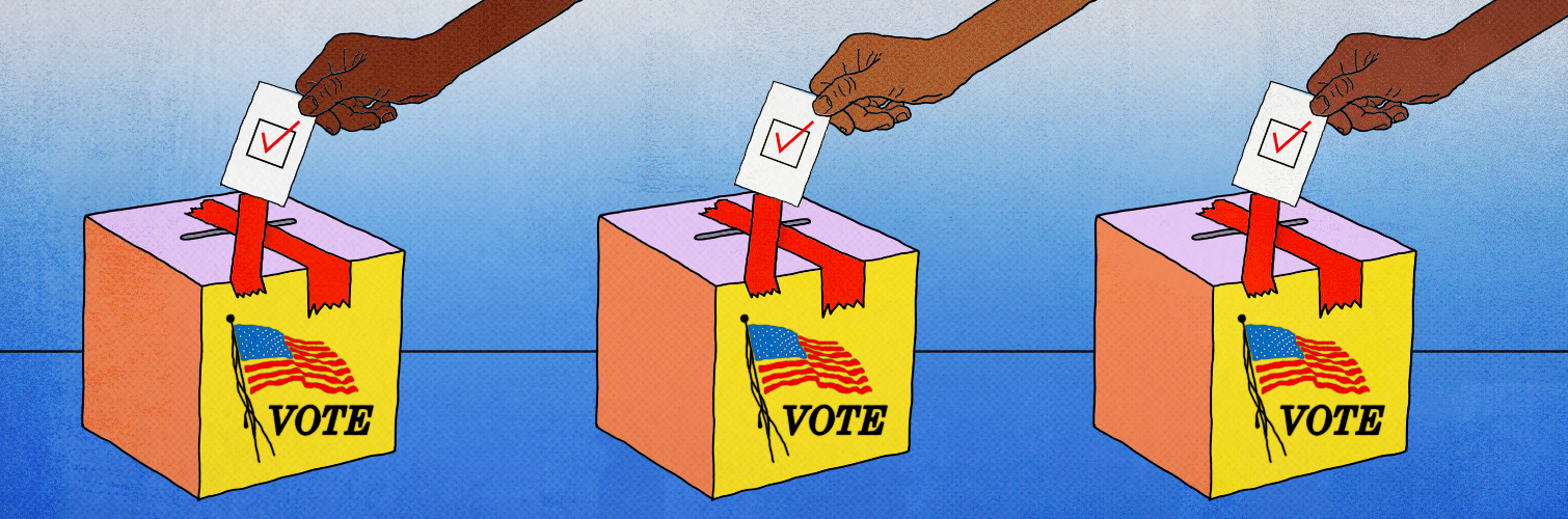 A series of hands attempt to place ballots with ticked checkboxes on them into a yellow box marked "Vote" with an American flag. The ballot box slots have been taped over with bright red tape.
