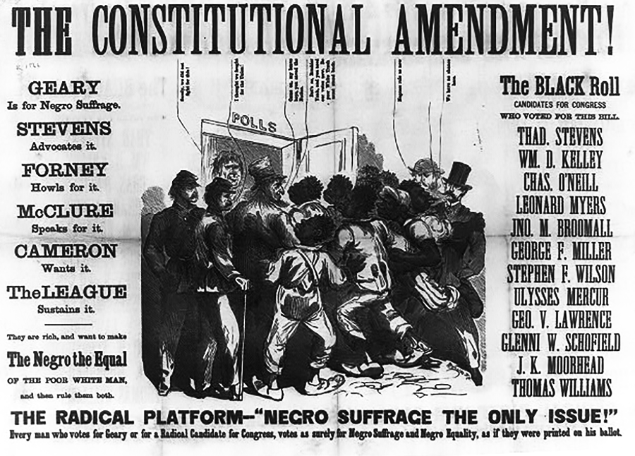 The Fifteenth Amendment and Its Results, 1870: A poster commemorating the ratification of the Fifteenth Amendment. Columns that read "Education" and "Science" are topped by the text of the amendment itself: "The Right of Citizens of the United States to Vote Shall Not Be Denied or Abridged by the United States or Any State on Account of Race Color or Condition of Servitude" above a scene of celebration in Baltimore. Library of Congress Prints and Photographs Division.
