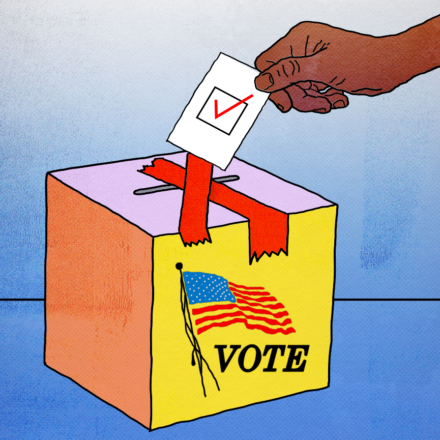 A hand attempts to place a ballot with a marked checkbox on it into a yellow box marked "Vote" with an American flag. The ballot box slot has been taped over with bright red tape.