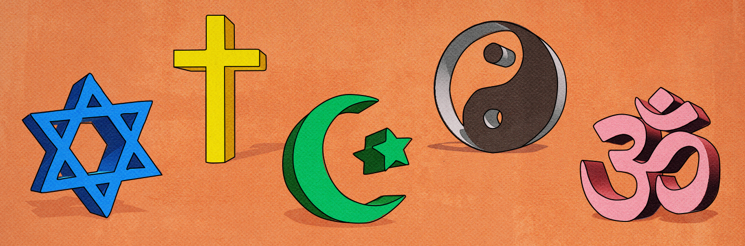 A wide banner of five religious symbols. From left to right, blue Star of David; a yellow Latin cross; a green Crescent and Star; a black and transparent yin and yang; and a pink Sanksrit aum.