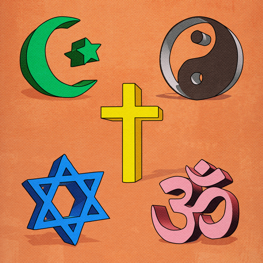 An image of five religious symbols: at top left, a green Crescent and Star; at top right, a black and transparent yin and yang; center, a yellow Latin cross; bottom left, a blue Star of David; and bottom right, a pink Sanksrit aum.