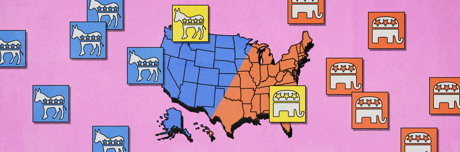 A stylized map of the United States is split by a slash of color between red and blue, with a yellow elephant icon superimposed on the red half of the map and a yellow donkey icon superimposed on the blue half of the map. Numerous other red and blue animal icons fill the sides of the pink background.