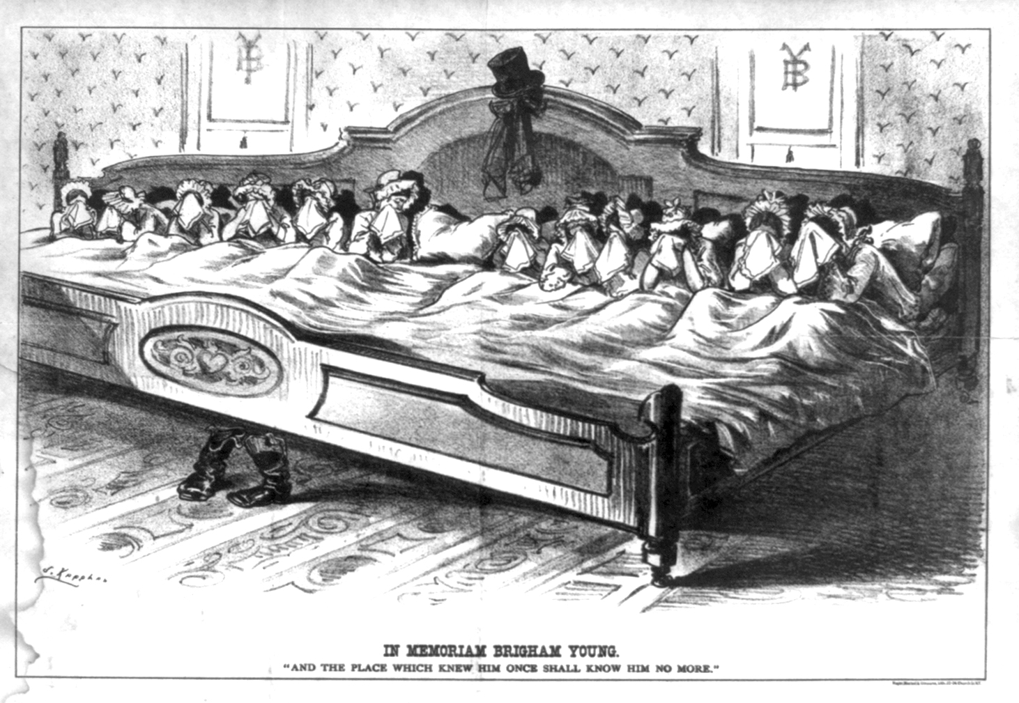 The intensity of anti-Mormon sentiment in the U.S. is well illustrated in this political cartoon from 1877 published at the death of Brigham Young. The picture shows a wide bed with an empty spot in the middle; many women in the bed are crying. The caption reads, 'In Memoriam Brigham Young: And the place which knew him once shall know him no more.'