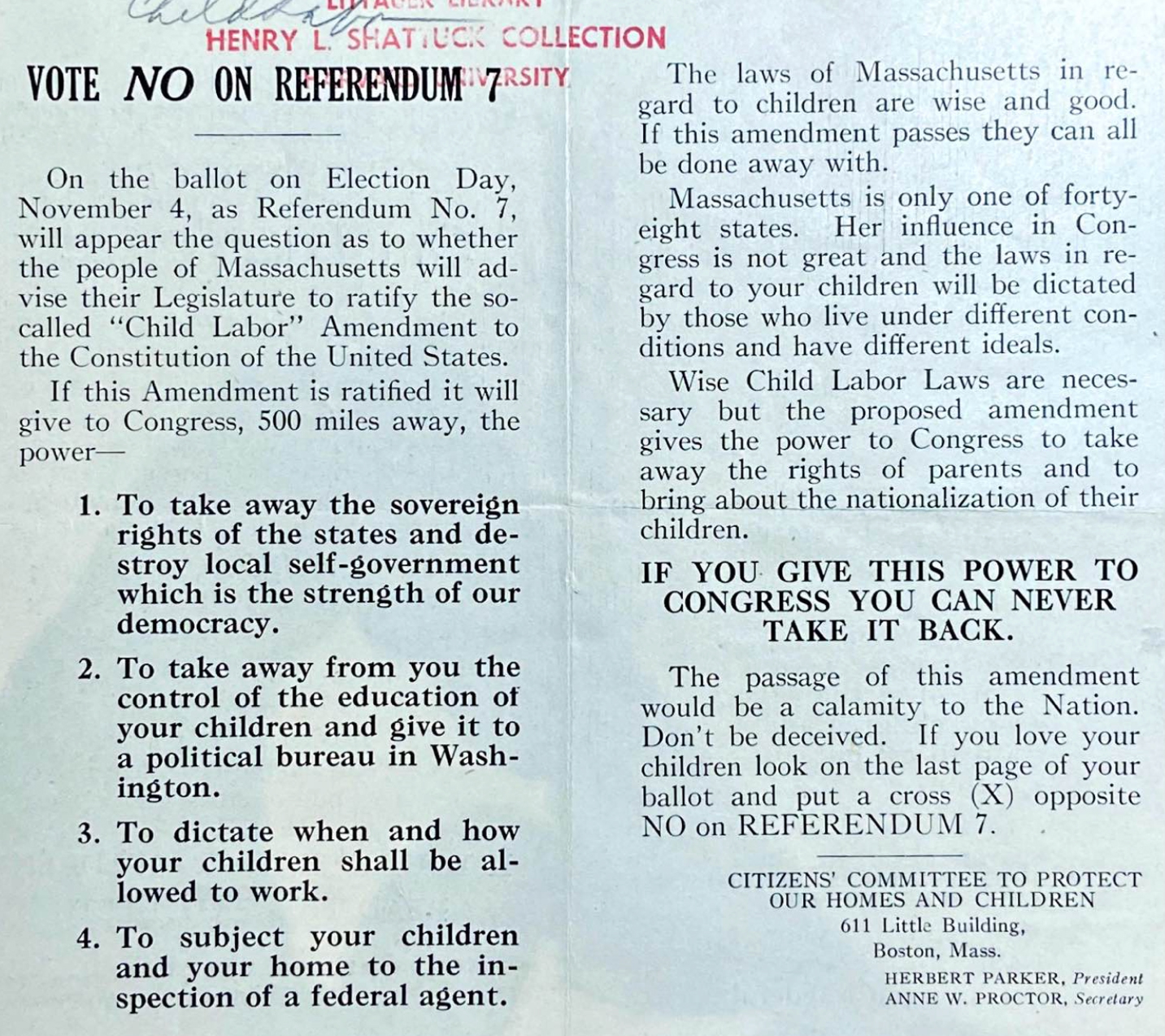 Massachusetts pamphlet opposed to the ratification of the Child Labor Amendment